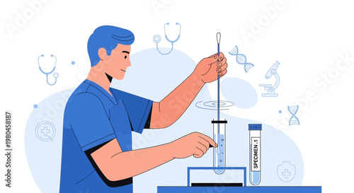 Medical professional conducting scientific research in a laboratory with test tubes and scientific symbols