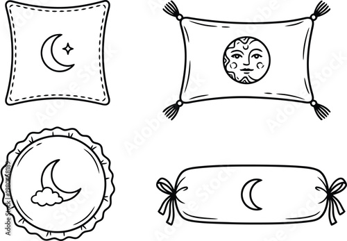 Set of four decorative pillows with celestial moon and sun motifs