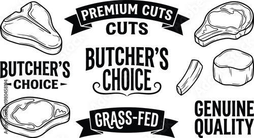 Butcher shop logo set with various meat cuts and typography elements