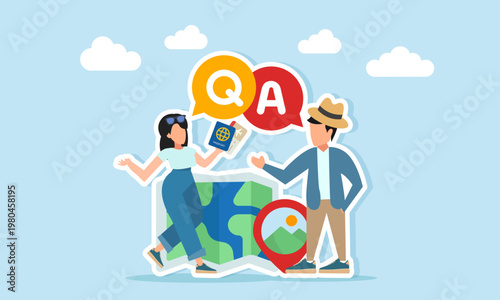 Male and female travelers discussing travel questions and answers near map and location pin with chat bubble Q and A illustration of vacation destination discussion