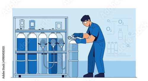 Medical professional handling oxygen cylinders in a laboratory or hospital setting