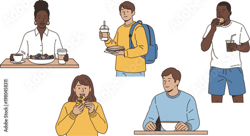 People Eating Food Vector Set with Students and Adults Having Snacks, Coffee and Meals for Lifestyle, Nutrition and Casual Dining Illustration