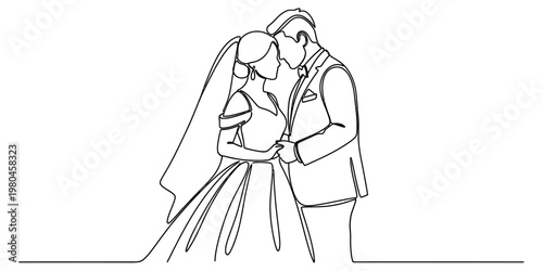 A beautiful continuous line drawing of a bride and groom standing together on their wedding day