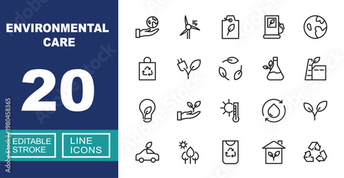 Environmental Care set of web icons in line style. Containing earth, turbine, tag, station, globe, bag, plug, cycle, flask, factory, bulb, hand, thermometer, water and more. Editable stroke icons