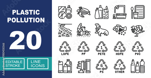 Plastic Pollution set of web icons in line style. Containing waste, turtle, bottle, packaging, beach, cleanup, seal, fish, bird, recycling, container, polymers and more. Editable stroke icons