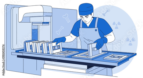 Medical professional handling X-ray films in a laboratory setting