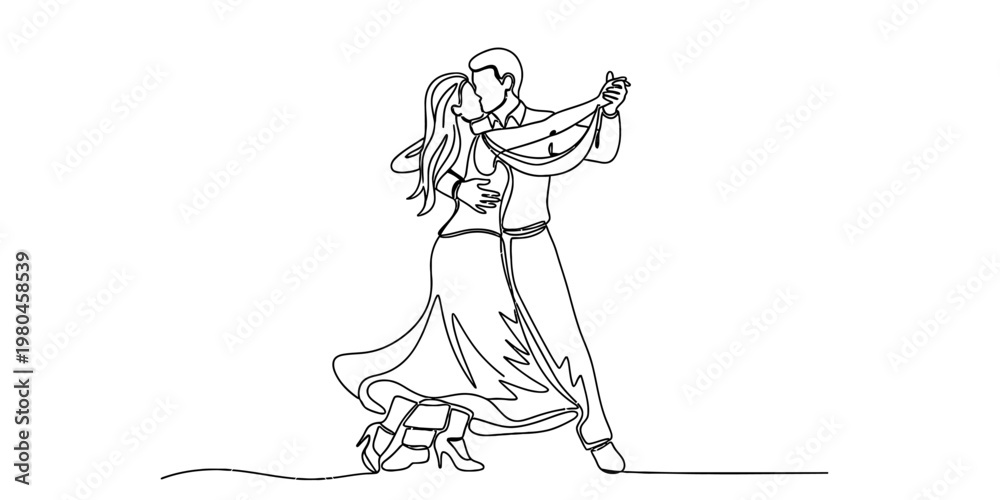 Fototapeta premium A continuous line drawing depicting an elegant couple dancing together in a romantic ballroom style