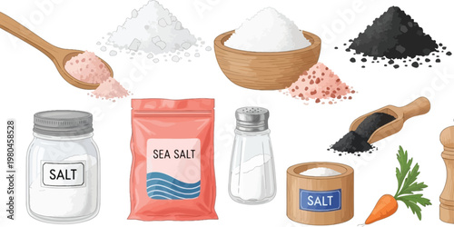 Salt and Seasoning Vector Set with Sea Salt, Black Salt, Powder, Shaker, Wooden Container and Kitchen Ingredients for Cooking and Food Illustration