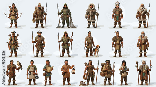 Medieval warrior character set with armored fighters knights weapons shields and fantasy battle costumes isolated in detailed vector style