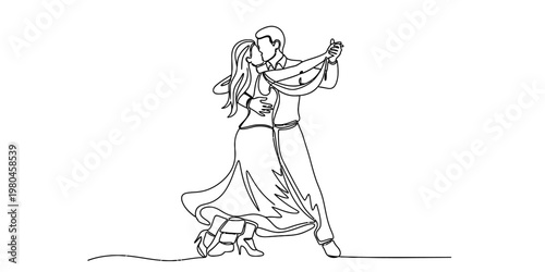 A continuous line drawing depicting an elegant couple dancing together in a romantic ballroom style