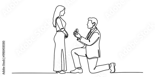 A continuous line drawing of a man kneeling down to propose to a woman with a ring in his hand