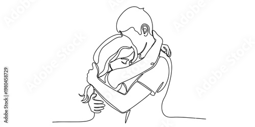 A minimalist single line drawing of a young couple sharing a tender and intimate loving embrace