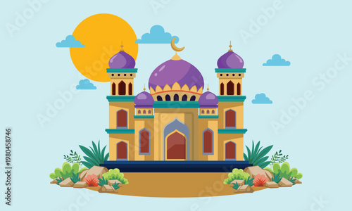 Vector illustration of beautiful mosque with plant and rock in front, islamic cartoon element