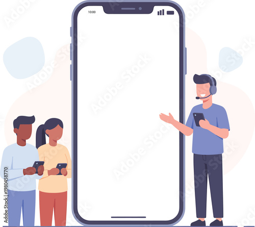 Smartphone display with people using mobile devices and customer support representative