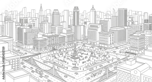 Detailed architectural sketch of a sprawling cityscape with numerous buildings.