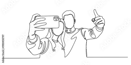 Continuous line drawing of a happy young couple taking a selfie with a smartphone together now