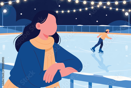 Illustration Winter Night Scene With A Woman Watching Ice Skating Under Lights Vector Design Template