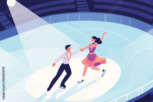 Illustration A Pair Of Skaters Perform Gracefully On An Ice Rink Under Bright Lights Vector Design Template