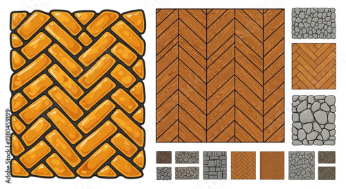 Architectural Flooring Textures Top View Vector Herringbone Wood Stone Pattern Design Set Illustration