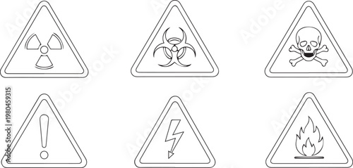Essential outline vector warning signs collection. Features symbols for critical safety hazards radiation, biohazard, poison, general danger, electricity, and fire risks