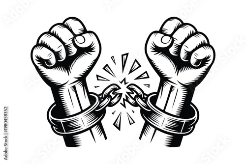 Two black and white illustrated fists breaking handcuffs freedom struggle