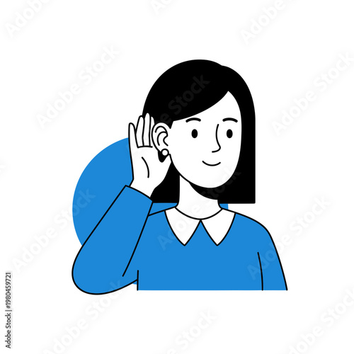 Woman Cupping Hand to Ear to Listen Vector Illustration