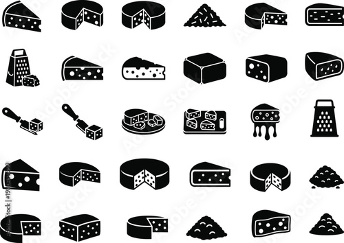 Assortment of black and white cheese icons featuring different types of dairy products graters serving tools, parmesan