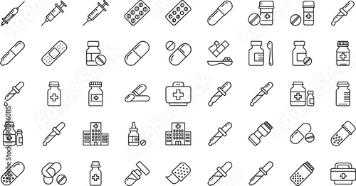 Medical Pharmacy Line Icon Set Featuring Syringe Pills Medicine Bottles Bandage Injection and Healthcare Symbols