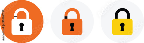 Padlock Icon Set in Orange Yellow and Black Colors Representing Security, Privacy Protection, Data Safety, Encryption, and Access Control Design Elements
