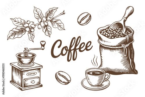 Vintage of coffee beans coffee grinder coffee sack and cup