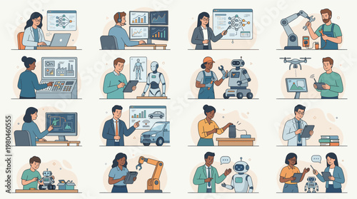 Set of engineers and researchers working with computers robotics drones and laboratory equipment in modern technology and science scenes