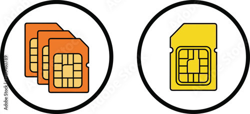 SIM Card Icon Set with Multiple and Single Chip Designs Representing Mobile Network, Telecommunication, Data Storage, and Cellular Technology Concepts