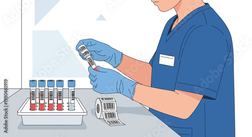 Medical professional labels blood sample tubes with barcodes in laboratory setting