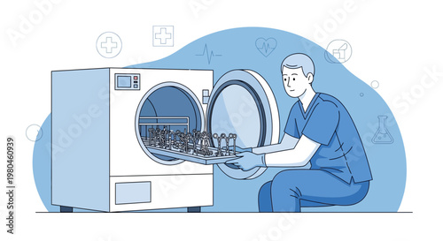 Medical professional loading sterilization equipment, healthcare, hygiene, safety