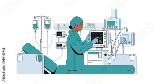 Medical Professional Interacting with Advanced Patient Monitoring Equipment in Hospital Room