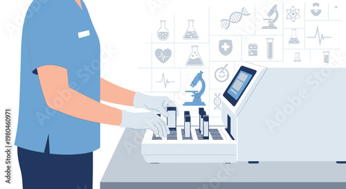 Medical professional operating laboratory equipment with scientific icons in background
