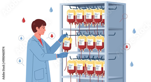 Medical Professional Organizes Blood Bags in Storage Rack, Blood Donation Concept