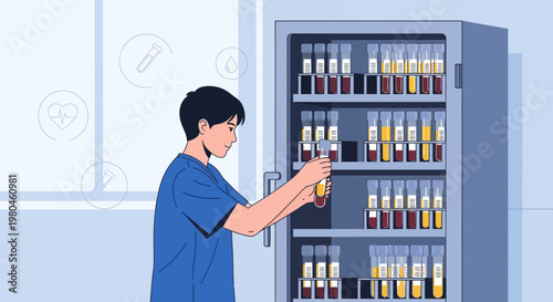 Medical professional organizes blood samples in a laboratory storage cabinet