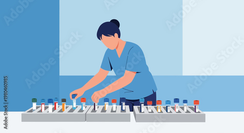 Medical professional organizes test tubes in a laboratory, science research concept