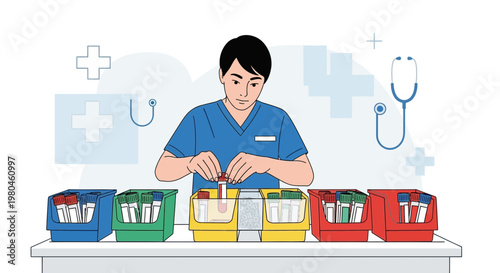 Medical professional organizing lab samples in colorful racks, healthcare concept