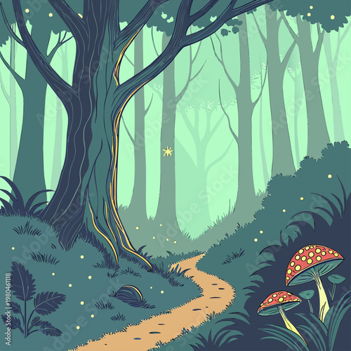 Enchanted Forest with Glowing Mushrooms Vector Illustration