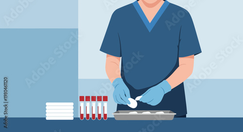 Medical professional preparing blood test tubes and samples for analysis in a lab