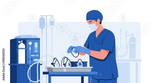 Medical Professional Prepares Ventilator Masks for Patient Care in Hospital Setting