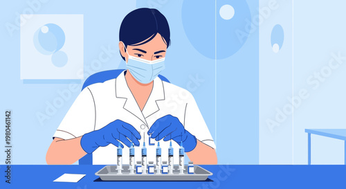 Medical professional prepares syringes for vaccination in a laboratory setting.