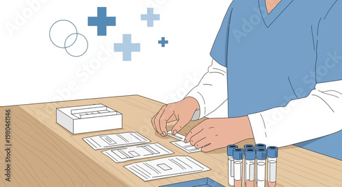 Medical professional preparing COVID-19 test kit with vials and instructions