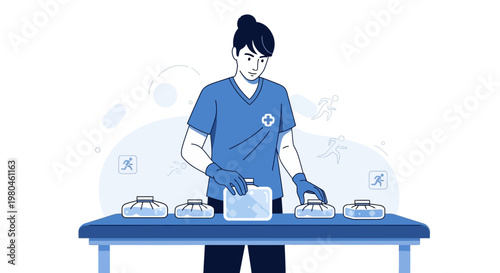 Medical professional preparing ice packs for sports injury treatment on a table