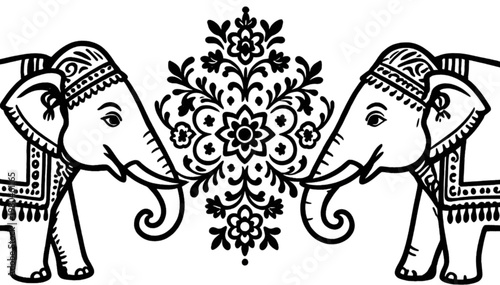 A decorative black and white illustration featuring two symmetrical elephants facing each other, adorned with traditional ornamental patterns. At the center, an intricate floral mandala design enhance