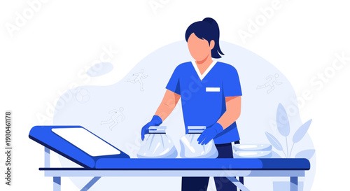 Medical professional preparing ice packs for therapy on a treatment table.