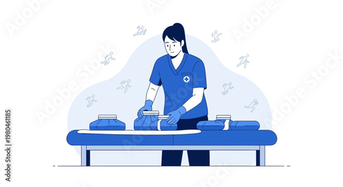 Medical professional preparing ice packs on a massage table for therapy