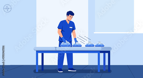 Medical professional preparing ice packs on a treatment table for therapy